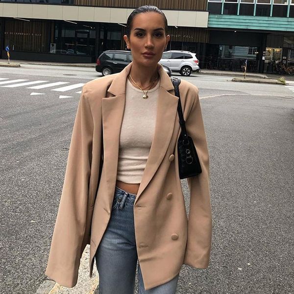 

women's suits & blazers autumn double breasted fashion blazer women long sleeve jacket loose casual lady coat female korean streetwear, White;black