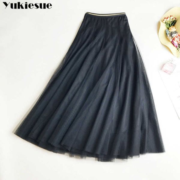 

tulle skirts womens jupe casual summer autumn wild harajuku elastic high waist long a-line pleated skirt saia feminina 210608, Black
