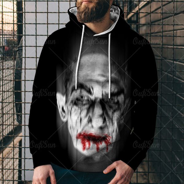 

men's 3d printed loose horror printed hooded sweaters fbcu, Black