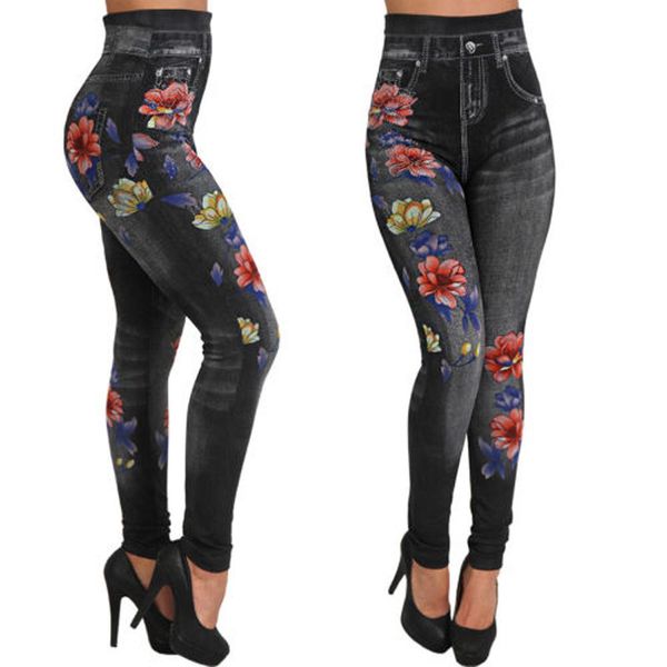 

women's pants & capris women super elastic jeggings pencil winter high waist floral faux jeans denim slim ladies long female leggi, Black;white