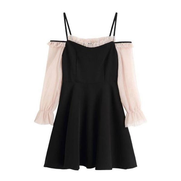 

casual dresses 2021 autumn party dress long sleeve mesh patchwork women mini a-line pleated vintage vestidos, Black;gray