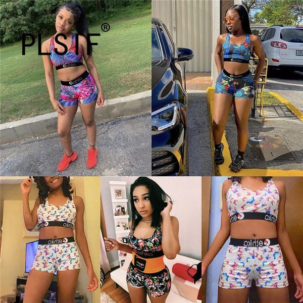 

women's tracksuits women printed stitching vest jacket elastic shorts beach fitness casual fashion set summer, Gray