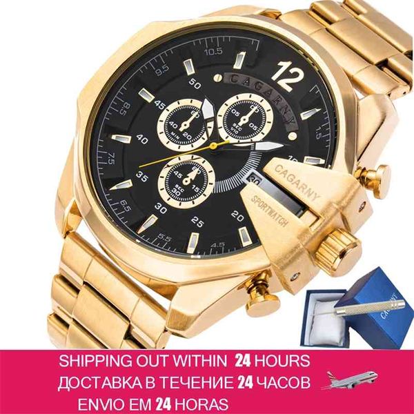 Mens Relógios Top Marca Luxo Gold Steel Quartz Watch Men Cagarny Casual Masculino Assista Militar Relogio Masculino Dropship 210329