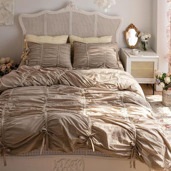 

bedding sets pinch pleated duvet cover with zipper 4pcs100%cotton soft farmhouse princess girls 1.5/1.6/1.8m set bed sheet pillowcase