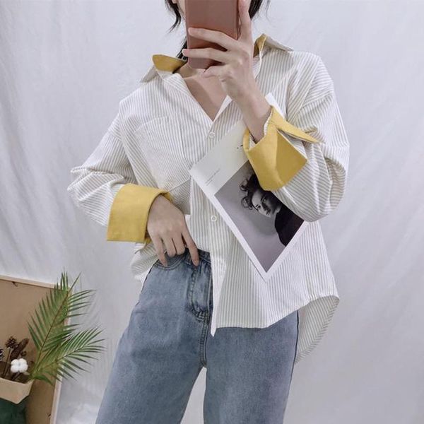 

women's blouses & shirts 2021 spring korea fashion women long sleeve striped all-matched casual loose turn-down collar blouse femme s2, White