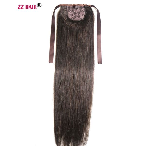 

16-28 inches ribbon ponytail horsetail 160g clips in/on 100% brazilian remy human hair extension natural straight, Black