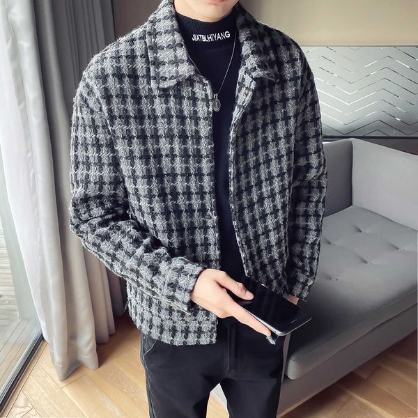 

plaid short mens wool trench coat jackets british style men harajuku loose windbreaker winter steetwear ropa de hombre 210527, Black