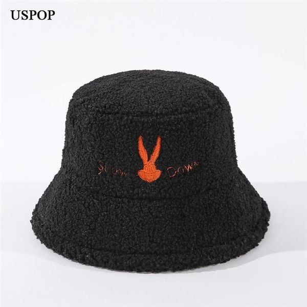 

bucket hats embroidery bugs lamb hair hat winter warm wide brim, Blue;gray