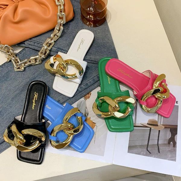 

fashion brand gold metal chain slippers women square toe flat casual slide beach flip flops candy color sandal shoes green, Black