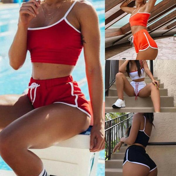 

yoga outfit 2021women 2pcs sport set, solid color sling crop slim high waist drawing straps elastic band short pants workout set