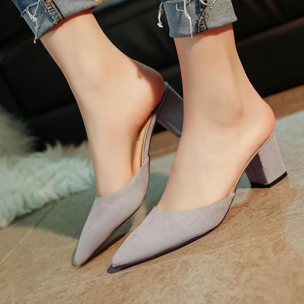 

slippers closed toe outside fashion mature concise elegant slides women med square heel shallow solid summer ladies shoes, Black