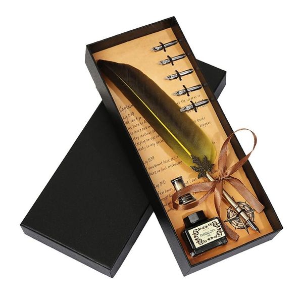 

fountain pens calligraphy feather pen 10 colors elegant quill with ink bottle gift
