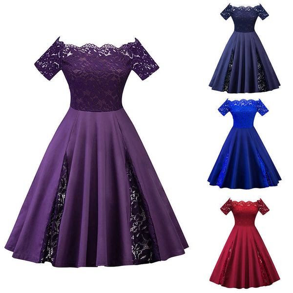 

evening one neck lace patchwork large dress, White