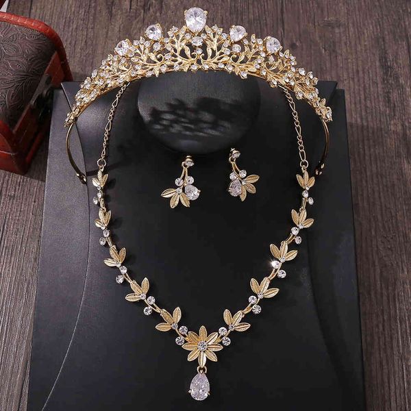 

gold jewelry korean flower zircon bride's crown necklace earrings three piece set hair accessories, Silver