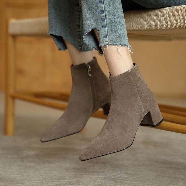 

boots ochanmeb size 33-43 women cow suede leather fall autumn winter block high heels shoes woman short ankle bootie elegant, Black