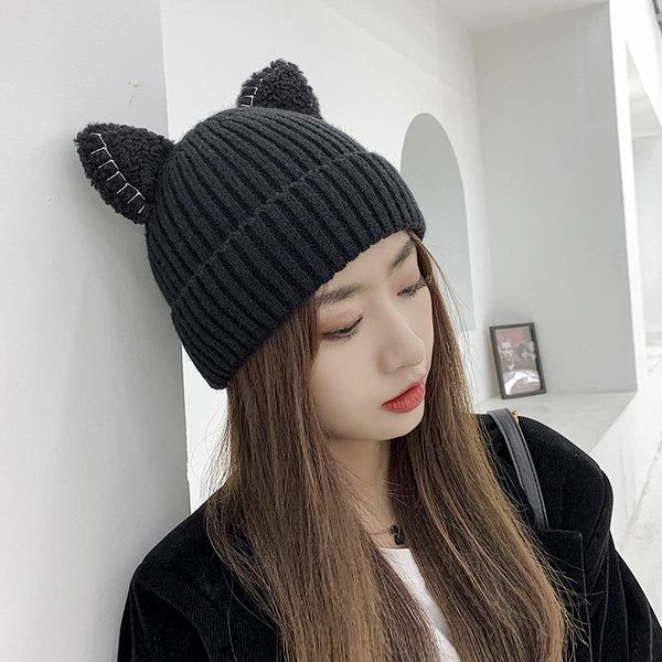 

beanie/skull caps 2021 cute hat with ears warm female cap knitted winter cat skullies woman outdoor beanies panama lady, Blue;gray