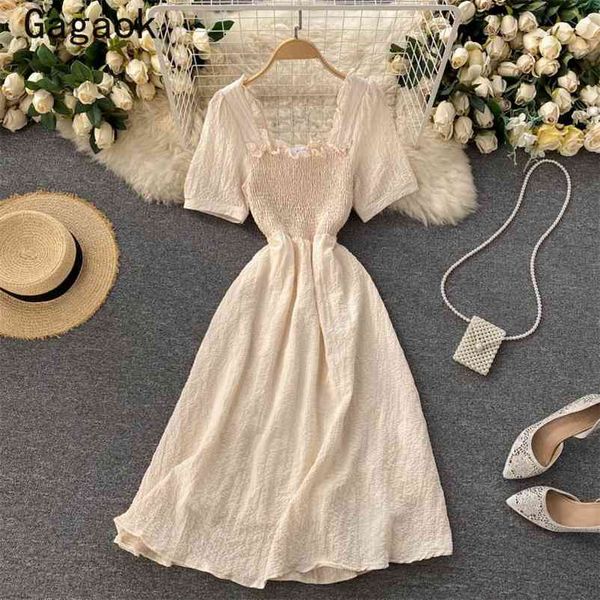 

dress for women summer elegant square collar sweet solid midi dresses korean fashion chic wild vestidos 210531, Black;gray