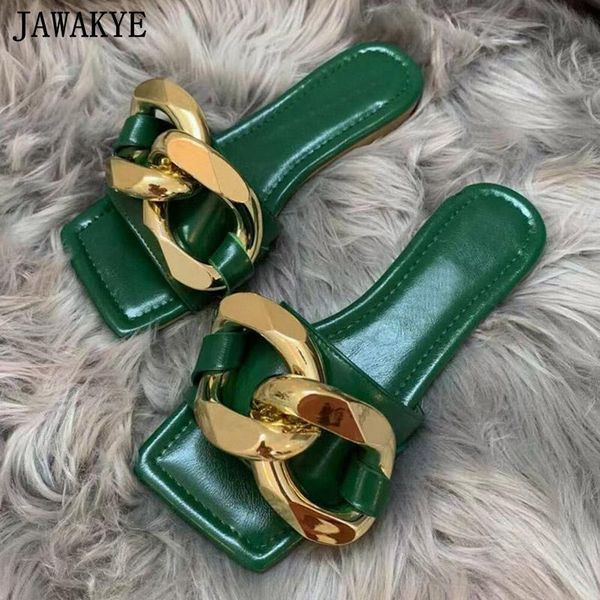 

slippers gold chain flat women slides square toe simple outdoor dress one strap beach mules multicolor casual flipflops woman, Black