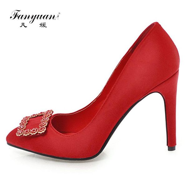

dress shoes fanyuan vintage flock crystal buckle decoration high heels women fashion pointed toe square women's pumps ladies, Black