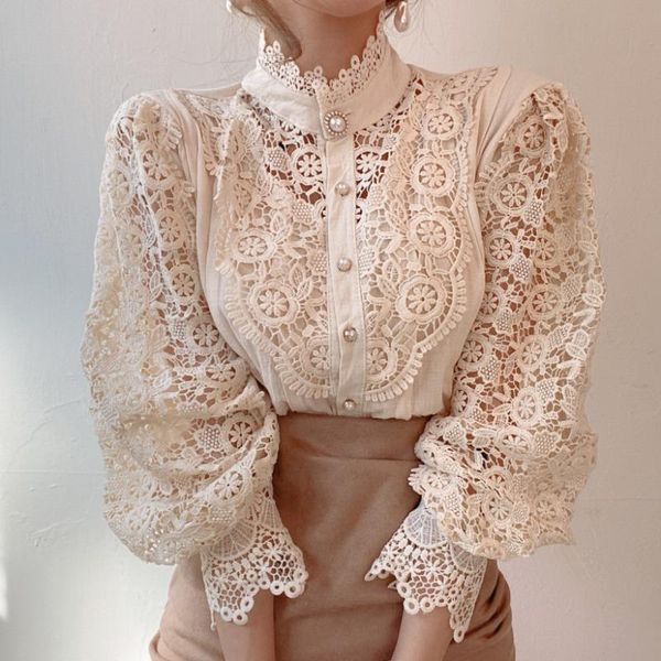 

women's blouses & shirts vintage lace hollow out blouse women stand collar puff sleeve single-breasted female fashion blusas autumn 20, White