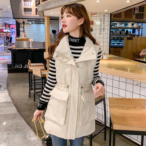 

women's vests winter long vest for women slim casual sleeveless jacket turn down collar plus size solid big pockets thick coat, Black;white