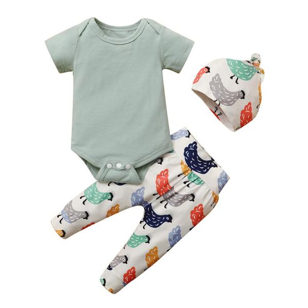 

infant baby boys girls romper bodysuit+cartoon chicken printed pants hat outfits boy clothing kinder kleider jungs sets, White