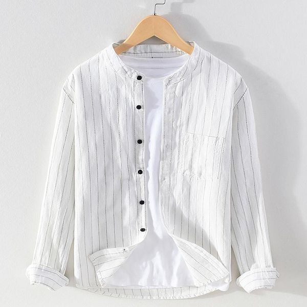 

strriped long sleeve shirt for men regular stand collor fashion male 2021 cotton linen button down retro clothes men's casual shirts, White;black