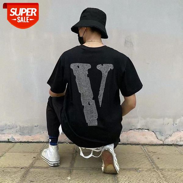 

summer diamond tide brand big v letter printed short-sleeved t-shirt for men and women loose high street hip-hop pure cotton cloth #g69z, White;black