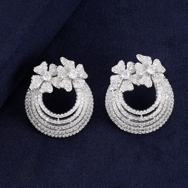 

stud trendy women girls jewelry flower leaves circle earrings full cubic zirconia korean pendientes mujer moda 2021, Golden;silver