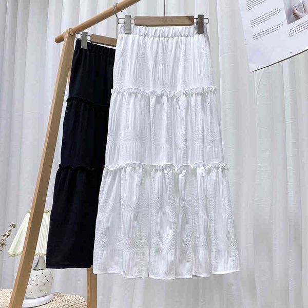 

skirt women midi mujer faldas pure elastic waist ruffles folds a-line large swing pleated, Black