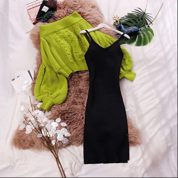 

autumn women dress female slash neck lantern sleeve knit blouses sweater strap fairy sheath two piece sets suits, Black;gray