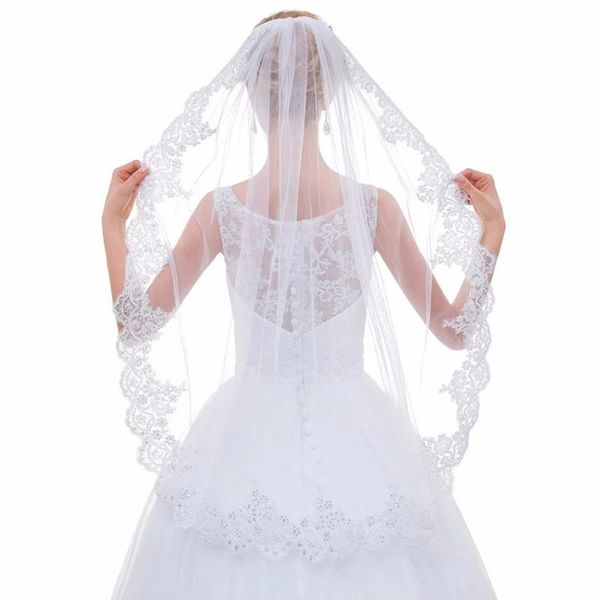 

bridal veils white ivory bling one layers applique lace veil wedding with comb velos de novia accessories, Black