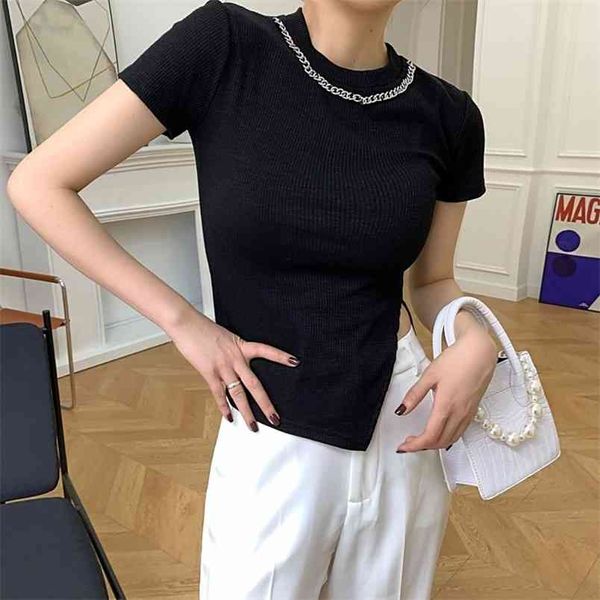 

summer ribbing tight o collar short sleeve t-shirt style irregular split fork women's 210507, White