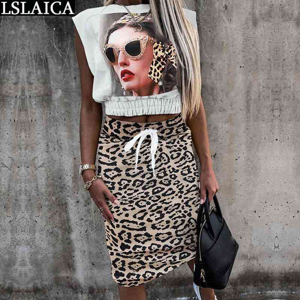 

women's summer skirt and blouse sets leopard print elastic waist drawstring womens casual fashion elegant two pieces set 210520, White