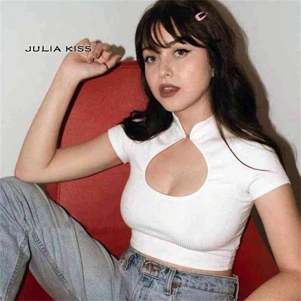 

women cut out front cotton spandex slim crop turtleneck fit tee 210720, White