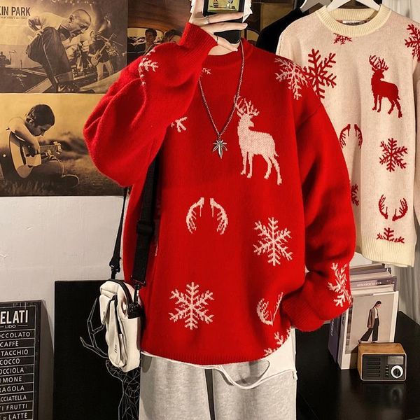 

men's sweaters winter red christmas sweater male elk snowflake round neck couple year pullover korean fashion harajuku vintage, White;black
