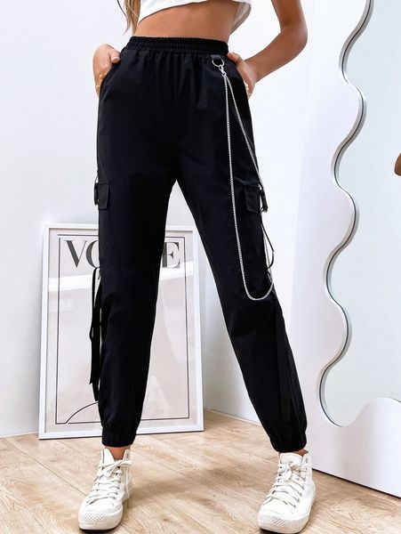 

chain buckled ribbon detail flap pocket cargo pants 91sq#, Black;white