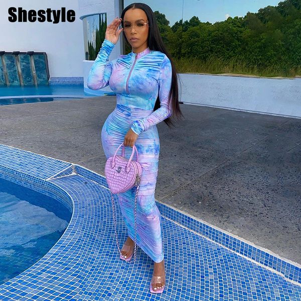

shestyle tiedye zipper long dress women 2021 autumn bodycon elegant glammerous stunning winter ruched party dressesby air, Black;white