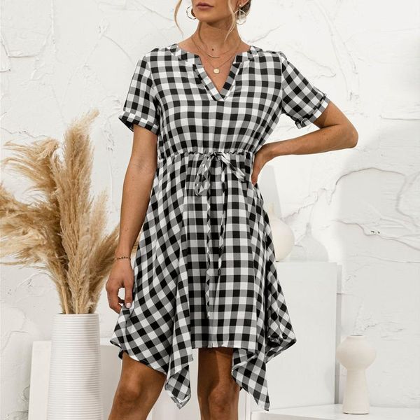

casual dresses women summer 2021 v neck irregular lacing beach dress plaidshort sleeve a line mini wrap sundress robe, Black;gray