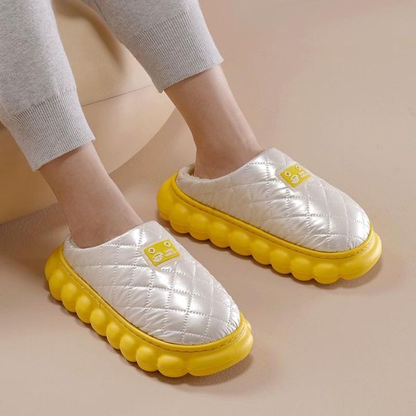 

slippers cute lattice waterproof home women men warm winter plush indoor bedroom cotton shoes non-slip ladies lovers fur slides, Black