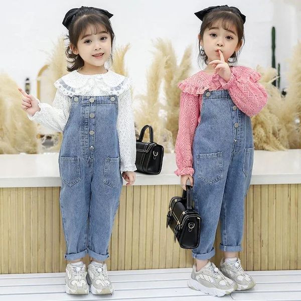 

jumpsuits 1-8 years lace pocket romper for girl casual denim jumpsuit toddler girls clothing bodysuit children overalls jeans outfits, Blue