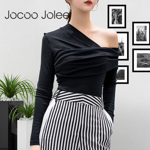 

women elegant one shoulder long sleeve shirt casual harajuku slim blouse female tee fashion 210428, White