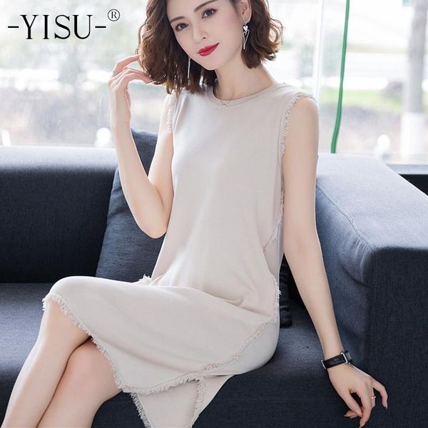 

casual dresses yisu summer dress women 2021 sleeveless ice silk knit simple pure color pullover comfortable, Black;gray
