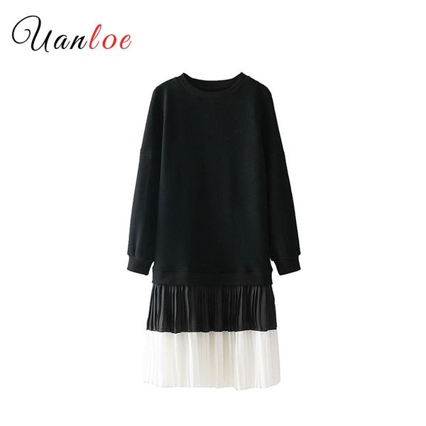 

casual dresses women elegant patchwork dress long sleeve o neck pleated female brand knee length vestidos mujer, Black;gray
