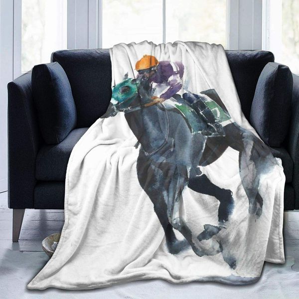 

Personalized Custom Throw Blanket,Horse Racing Competition Black Horse Watercolor Painting,Soft Comfortable Plush Blanket for