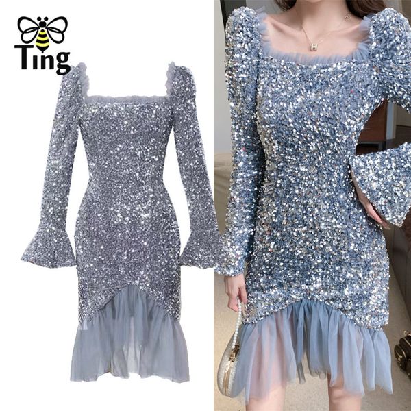 

ruched square collar bodycon glitter sequined dress party night dresses ruffles hem lady elbise curve robe 210513, Black;gray