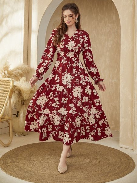 

floral print shirred flounce sleeve ruffle hem dress u3u9#, Black;gray