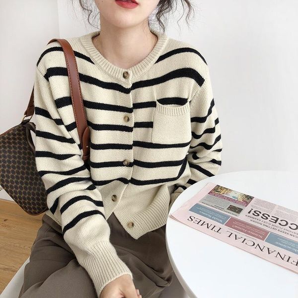 

women's knits & tees 2021 striped sweater jacket cardigan loose korean version of autumn and winter thickened long-sleeved, White