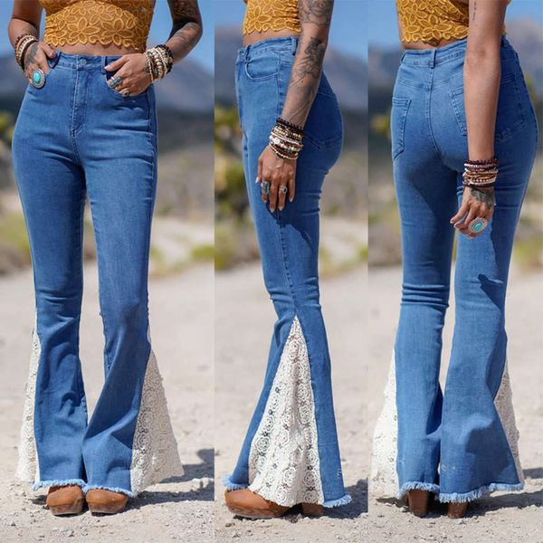 

spring and summer lace hollowed out stitching elastic trumpet women, Blue