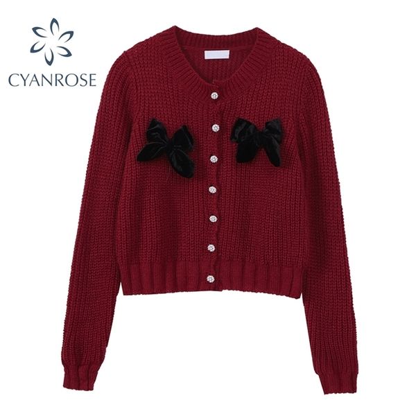

women's crop knitted sweater mujer long sleeve female knitwear bow design cardigan retro korean basic elegant ins knit 210515, White